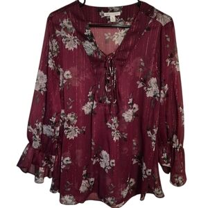 CATO Burgandy Gold Floral Sheer Peasant Top Blouse, XL